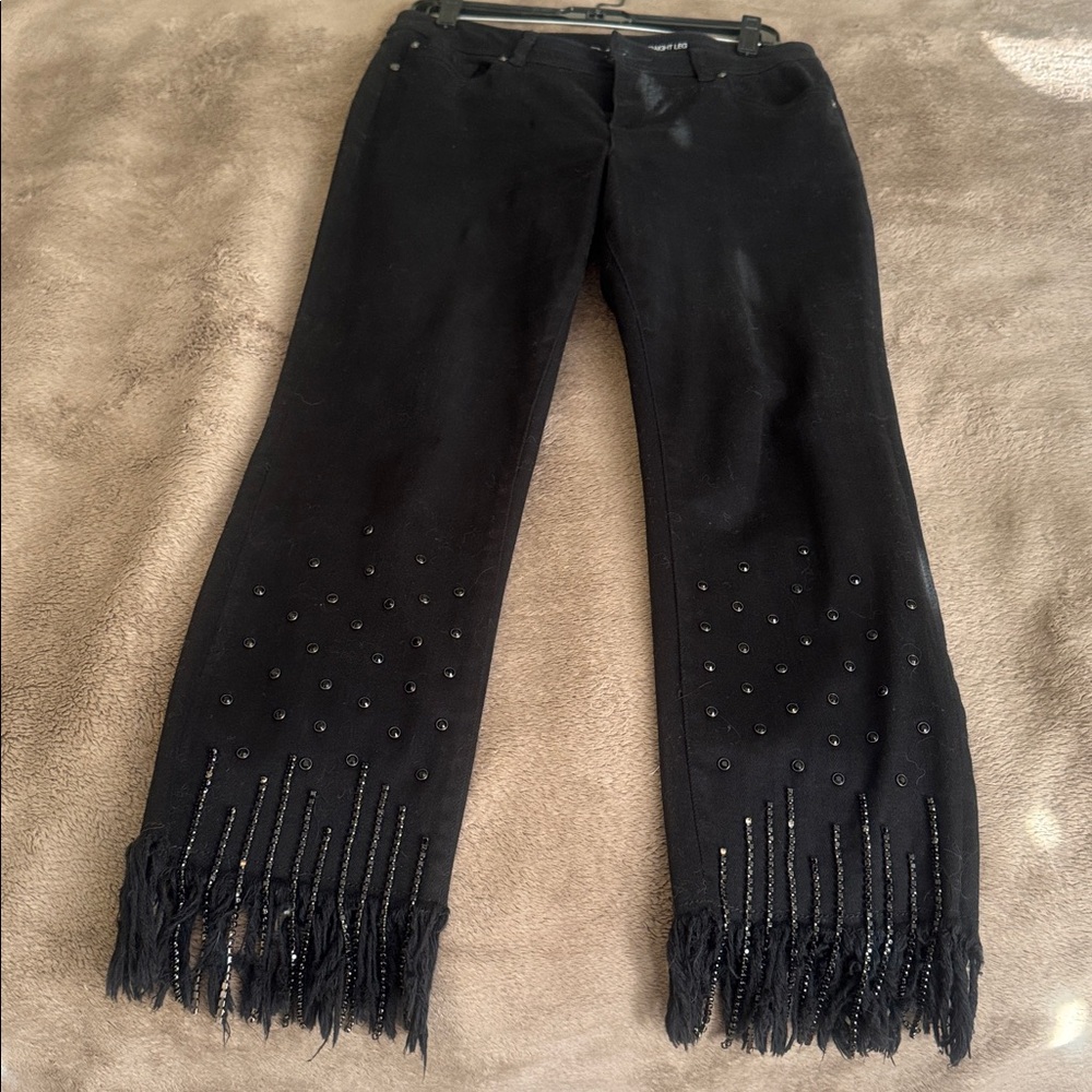 INC International Concepts Black Cropped Fringed Jeans with Black Rhinestones.